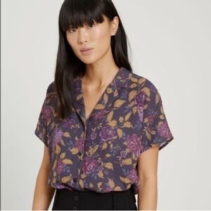 Frank & Oak Purple Floral Camp Collar Short Sleeve Button Up Shirt Size Small